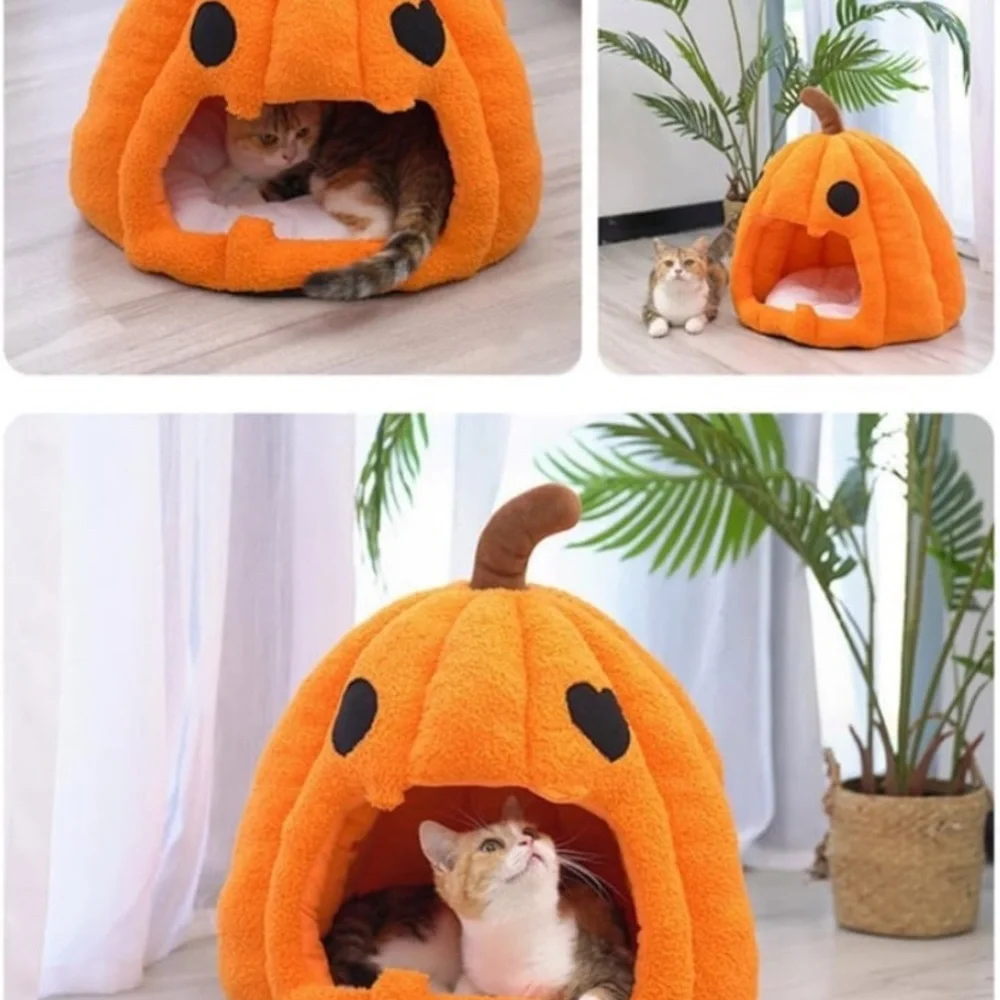 Cozy Halloween Pumpkin Pet Bed Plush, Thickened Warmth For Cats & Small Dogs